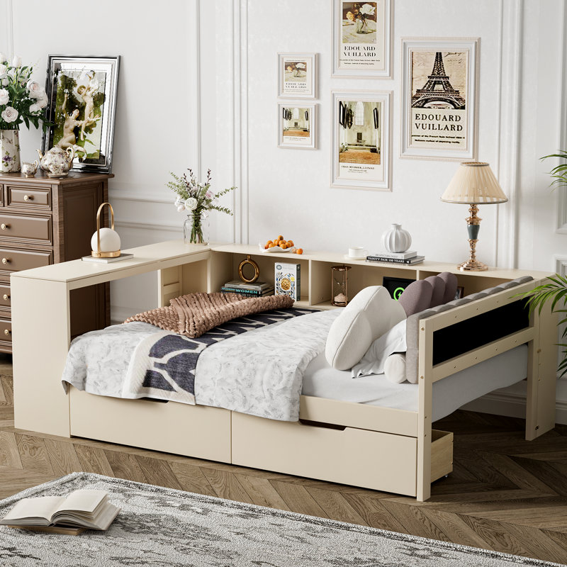 Lit de jour avec rangement et station de charge, Double, Beige