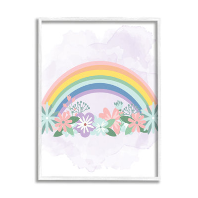 Fleurs tropicales sous un arc-en-ciel ludique, Illustration pour enfants, estampe numérique encadrée par Kim Allen