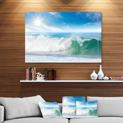 'White and Blue Waves under Sun Seashore' Photographic Print on Wrapped Canvas