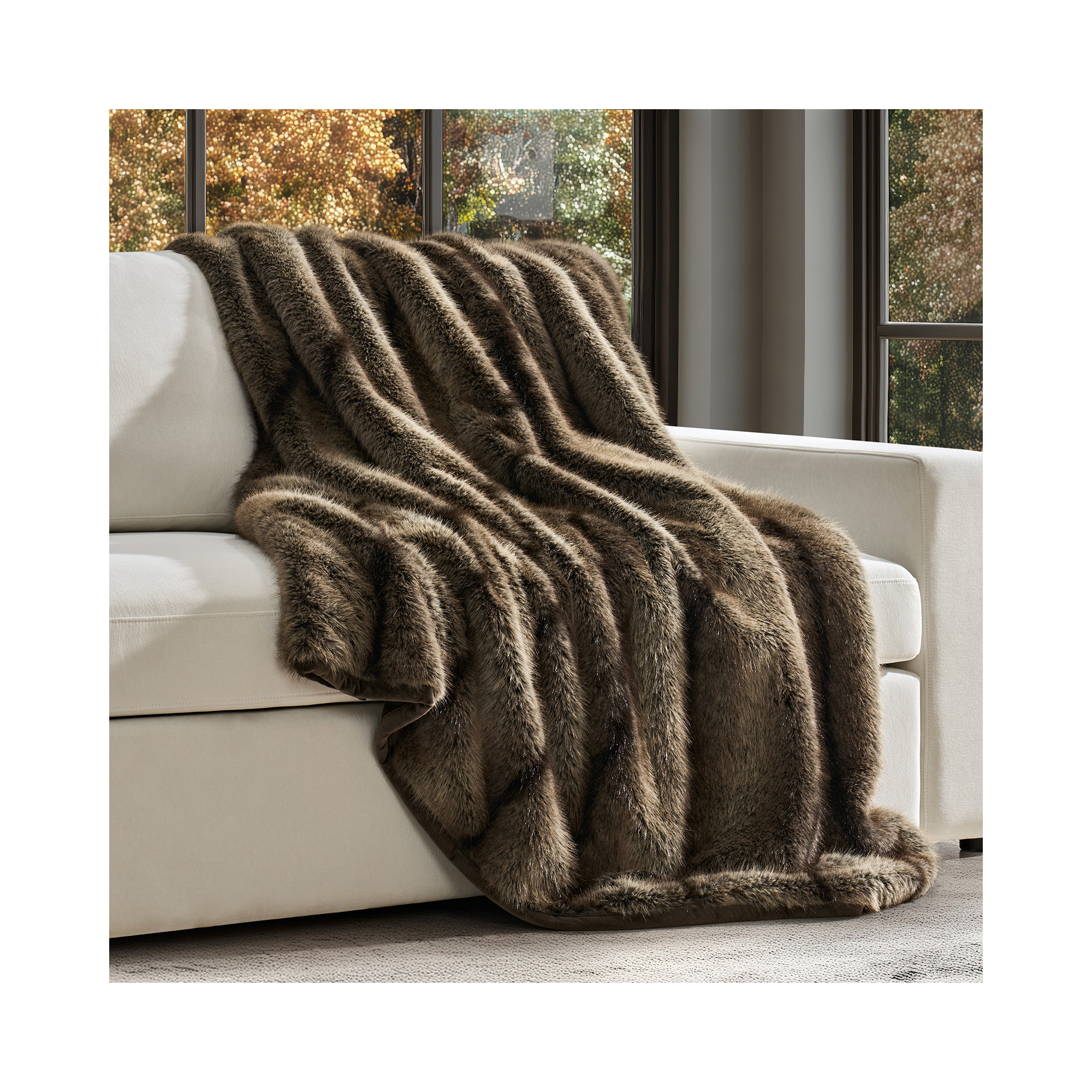 Luxe Faux Fur Throw Blanket, Twin, Ombré Sable Brown Ombre/Striped