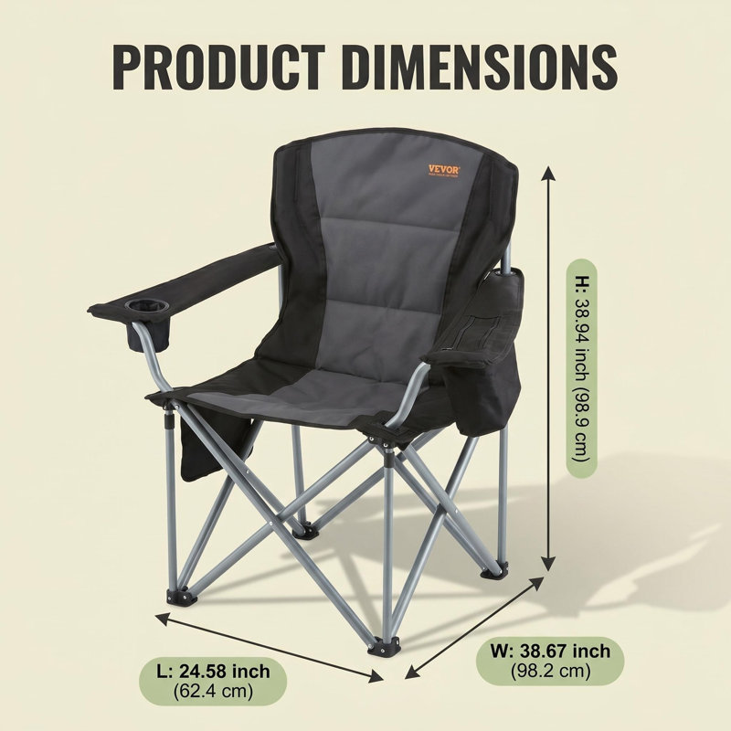 Chaise de camping pliante robuste pour adultes, chaise quadruple rembourrée à dossier lombaire portable avec porte-gobelet, sac isotherme, poches latérales