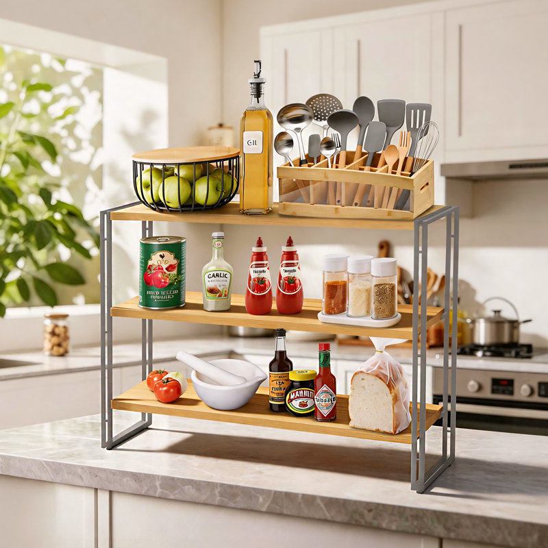 Étagère de boulanger autoportante à 3 niveaux avec tablettes en bois massif et structure en métal réglable, tablette de rangement ouverte pour le garde-manger