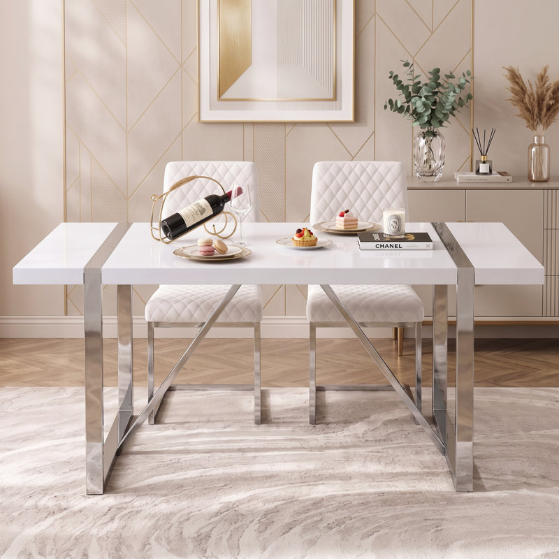 Table de salle à manger rectangulaire Modern Glam ultrabrillante avec base en métal, H 30 po x L 71 po x l 39,3 po, Argent