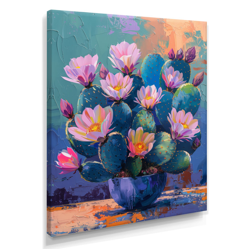 Cactus mauve et bleu, coucher de soleil Vibes II - Cactus floral, salon d'art mural, Toile tendue