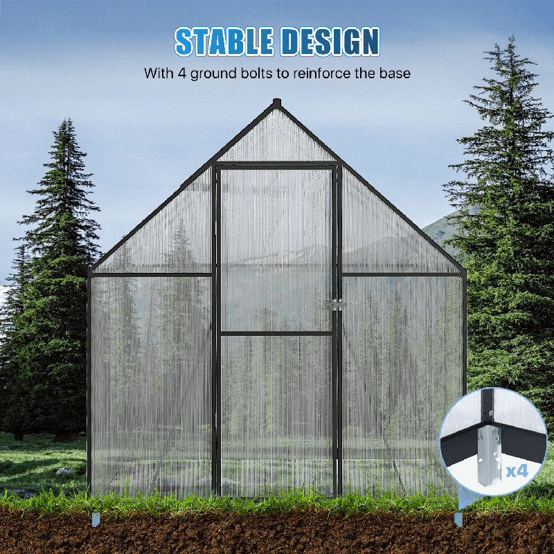Polycarbonate Aluminum Frame Greenhouse Kit With Roof Vent, 223 cm W × 175 cm D