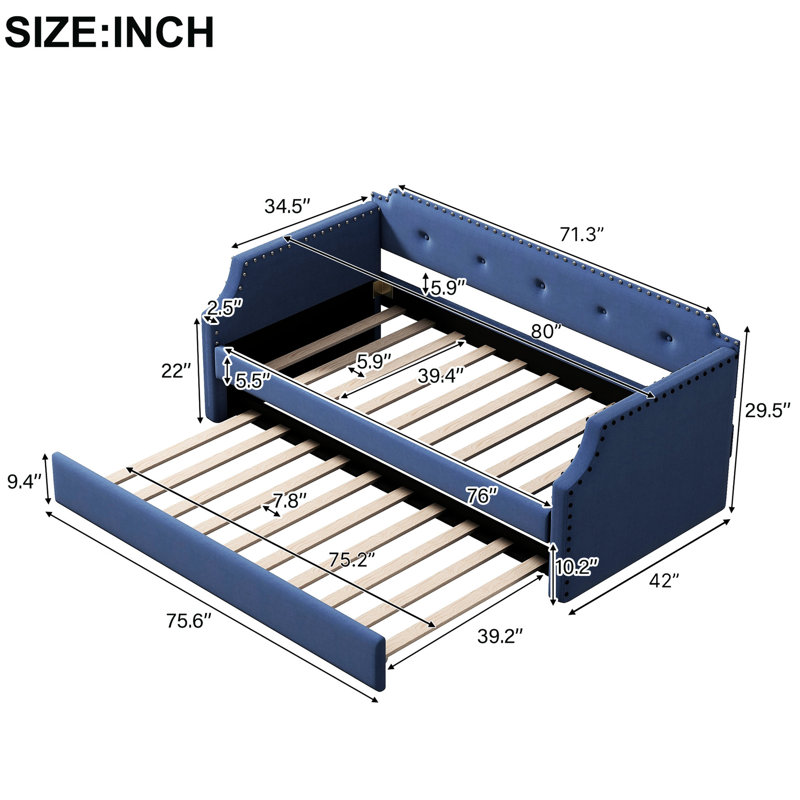 Upholstered Daybed With Trundle In Blue, Twin - Linen Upholstery, Resilient Wood Slat Support Trundle, Blue Upholstered, Assembly