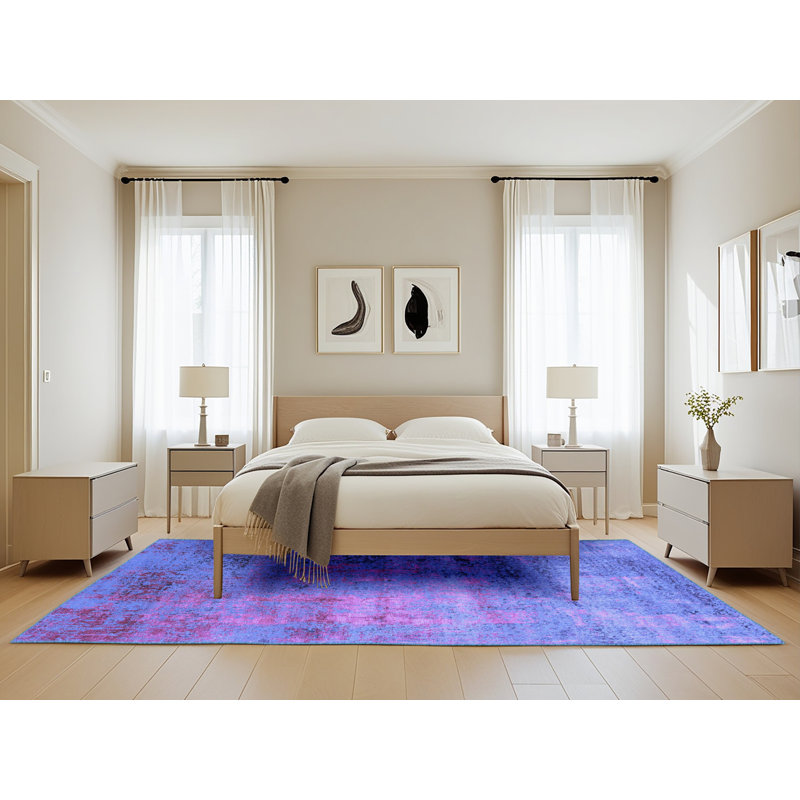Tapis oriental en laine / polyester tissé à la machine en bleu, Rectangle 5 pi x 8 pi