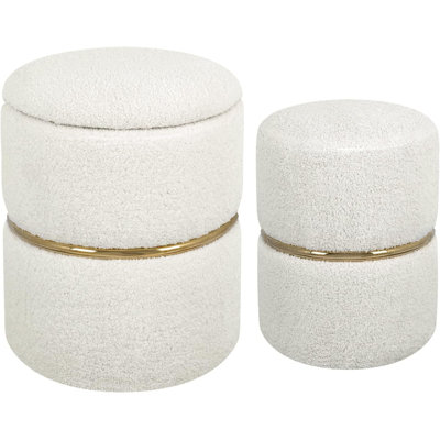 Round Ottoman Set Of 2, Faux Fur Sherpa Upholstered Storage Ottoman Vanity Stool, Foot Rest Chair For The Living Room, Bedroom, Enterway (White) by Mercer41