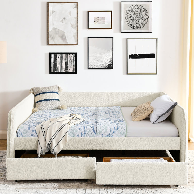 Lit de jour avec lit gigogne et tiroir de rangement, grand lit rembourré beige, 88 po x 65,5 po x 29,5 po, motif rayé, support dorsal confortable, guide d'assemblage rapide, rangement spacieux, vertical