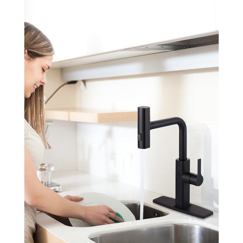 3-Mode Single Handle Pull Down Sprayer Kitchen Faucet With Deckplate And Supply Lines, Matte Black