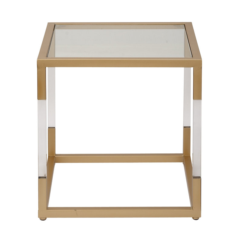 Gold Metal and Clear Glass Square End Table with Acrylic Legs