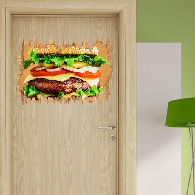 Leckerer Burger auf Holztisch Wandaufkleber