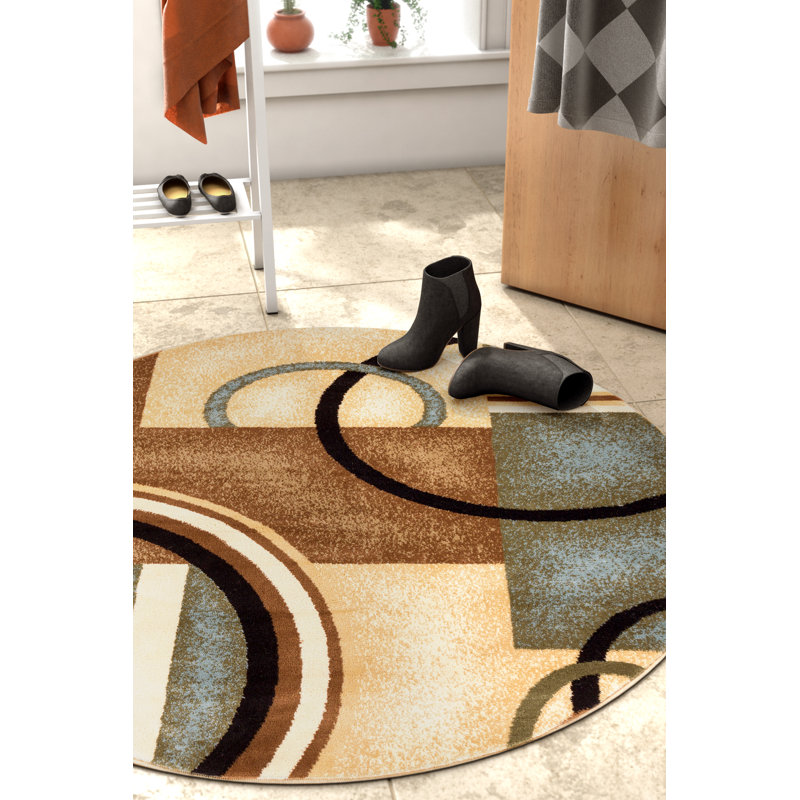 Tapis bleu clair moderne à motif d'arcs et de formes Abbie, Rond 3 pi 11 po
