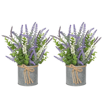 2-Piece Lavender Flowers Artificial & Foam Fruit+Eucalyptus Set, Paper Pulp Pots with Galvanized Metal Bucket, Faux Greenery Dining Room Table Centerpiece for Kitchen, Coffee Table & Office