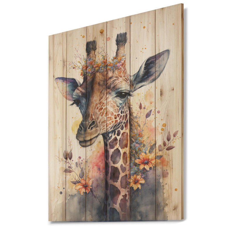 Jolie girafe, art floral I - impression sans cadre sur bois, H 40 po x l 30 po x P 1,5 po