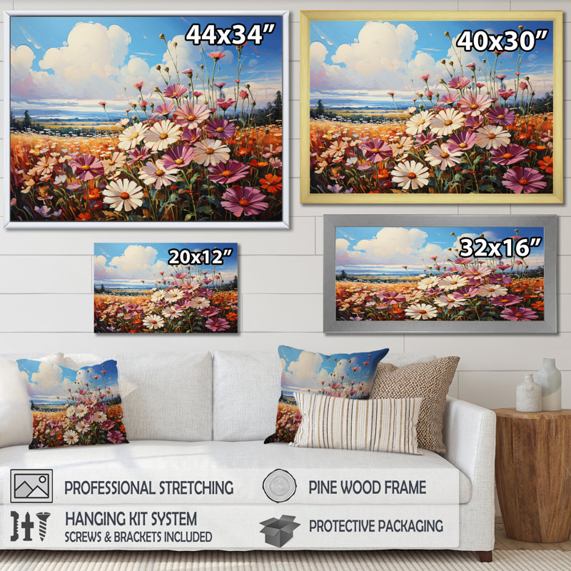Wildflowers Majestic Blossoms Meadow, reproduction d'art sur toile encadrée, Toile tendue, 16" H x 32" W