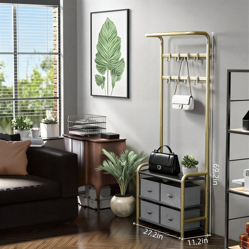 Gold-Colored Metal Floor-Standing Coat Rack With Built-In Shelves And Hooks; Suitable For Use In Hallways, Bedrooms, And Offices; Can Store Clothes And Bags.