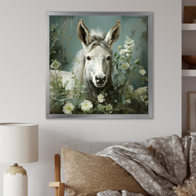 Farmhouse Donkeys Flower Charm II - âne, art mural, Cadre flottant noir, H 16 po x l 16 po x P 1 po