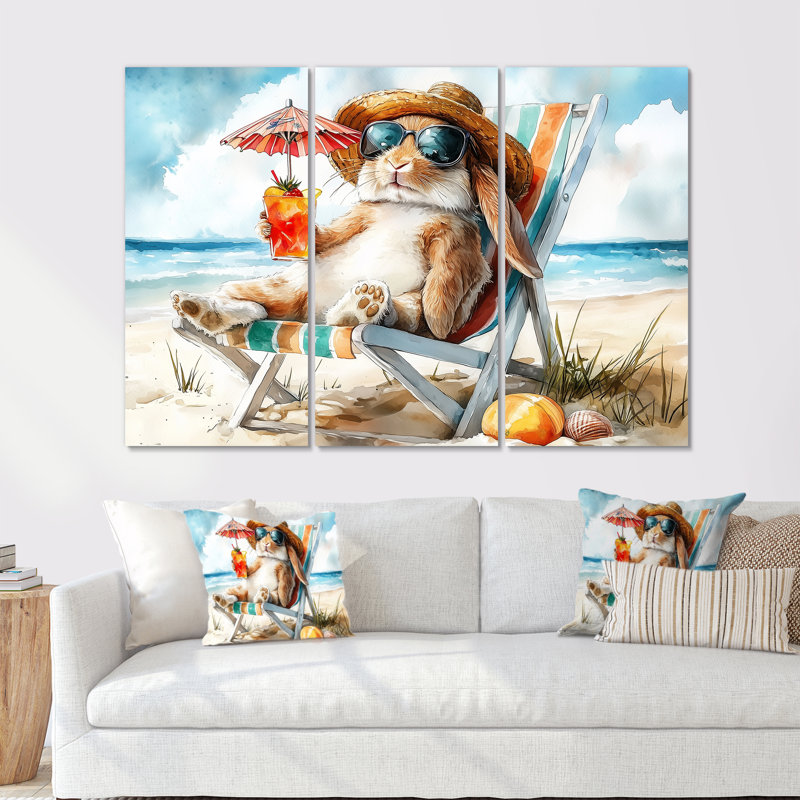 Lapin sur la plage relaxant - ensemble d'art mural animaux côtiers, H 28 po x l 36 po x P 1 po, Toile tendue