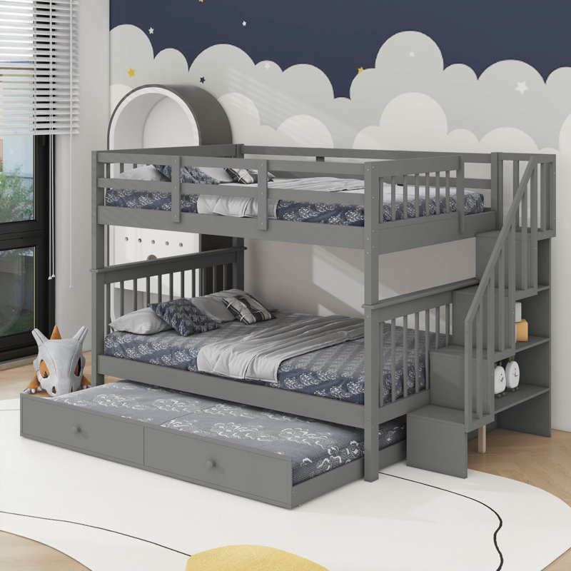 Stairway Full Over Full Bunk Bed With Twin Size Trundle, Gray