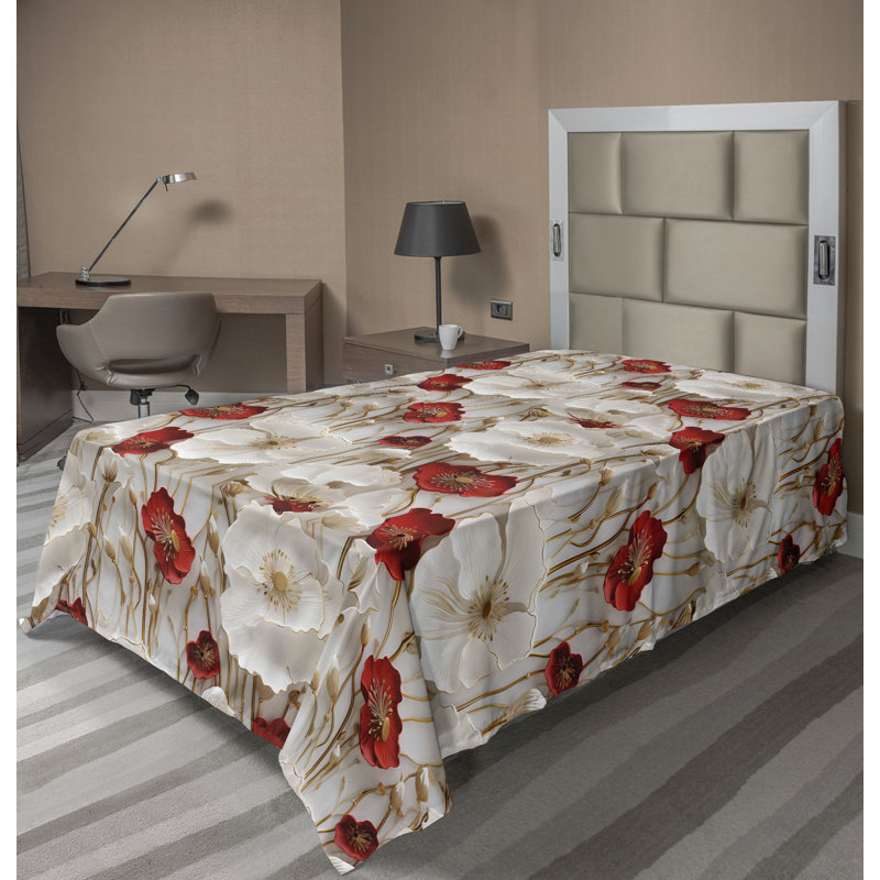 Ambesonne Flowers Flat Sheet Nostalgia Farmhouse, Dark Coral Tan White