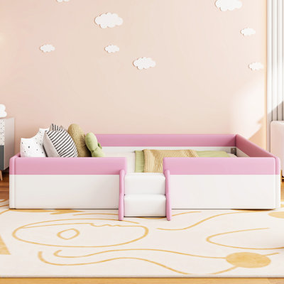 Lit de jour rembourré très grand avec clôture, esthétique rose et blanche, conception à lattes, 10 lattes de lit, installation facile pour les escaliers de la clôture de la chambre à coucher, couleurs, éponge en PU confortable, utilisation des lattes, rapide