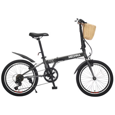 Vélo pliant de 20 pouces pour adultes avec panier, support de téléphone et garde-boue, vélo de ville portatif à 6 vitesses avec cadre en acier, vélo compact portable à double frein en V