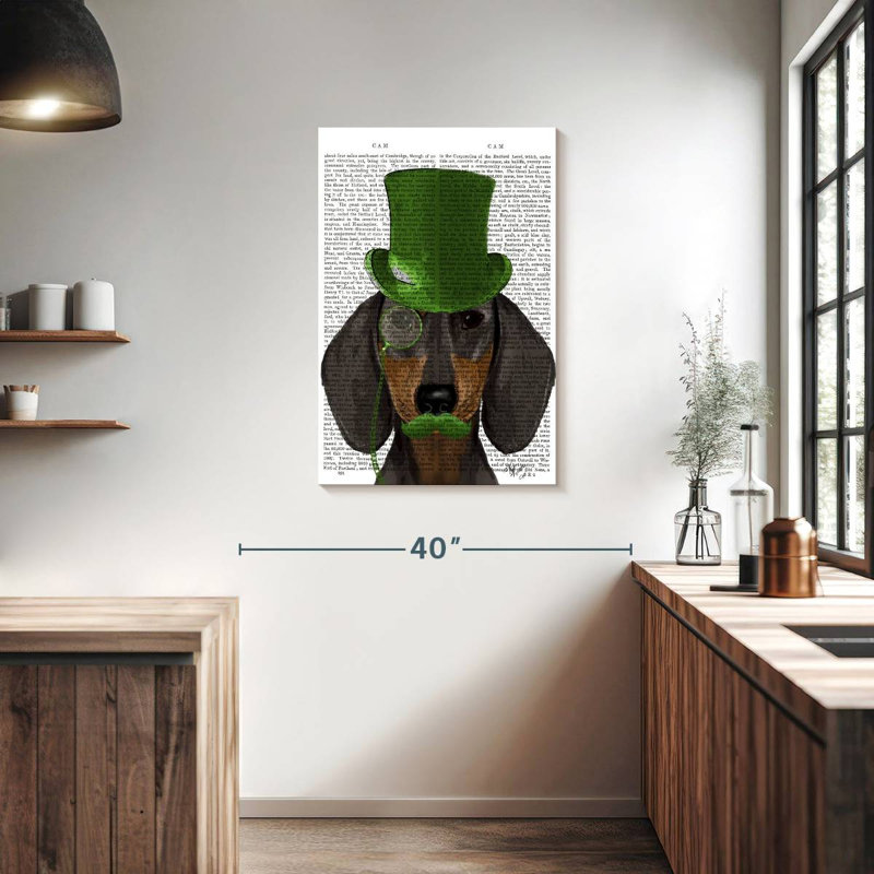 Brampt Dachshund With Green Top Hat Black Tan, 36" H x 24" W