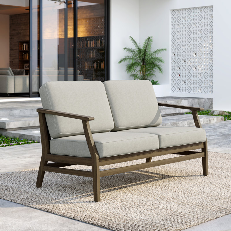 Clinkscales Solid Wood Teak Outdoor Loveseat With Cushion And Arms, Brown, Light Camel