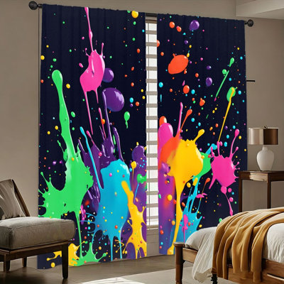 2Pcs Vibrant Paint Splatter Curtains, Colorful Abstract Design, Modern Art Decor, Light Filtering and Privacy Protection, Rod Pocket Style for Living Room, Bedroom, Playroom, Balcony