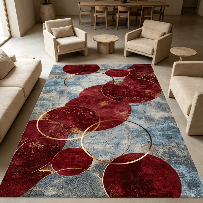 Red & Gold Circular Abstract carpet-easy to clean, machine-washable, soft and comfortable; suitable for door mats, kitchens, living rooms, bedrooms, corridors, and laundry areas. Easy to clean, durable carpet for home decoration.
