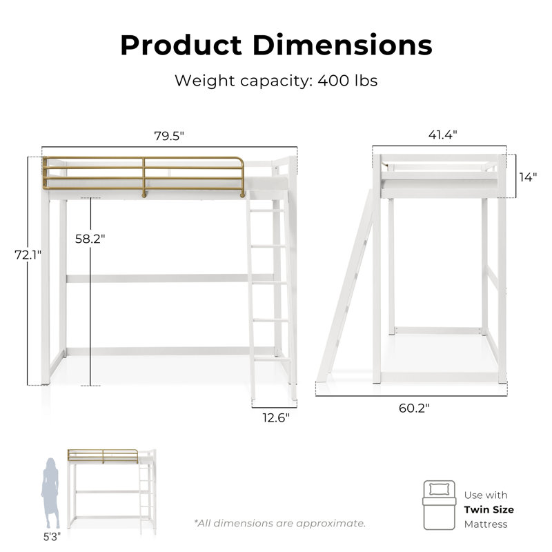 Audreena Metal Loft Bed, White, Twin