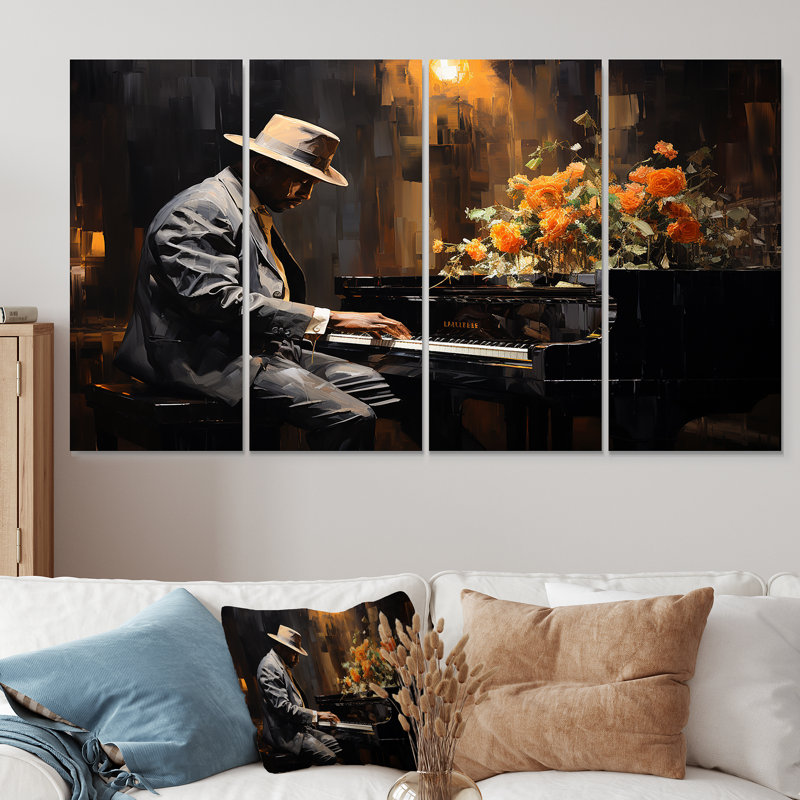 Floral Piano Jazz Room Elegance I - Ensemble de 4 pièces d'art mural, H 32 po x l 64 po