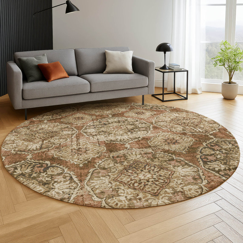 Premium Machine Washable Mayfield AMF2196 panel Rug, 8' Round, Paprika