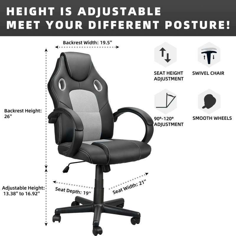 Fauteuil de jeu de course et de course réglable et ergonomique en cuir, gris