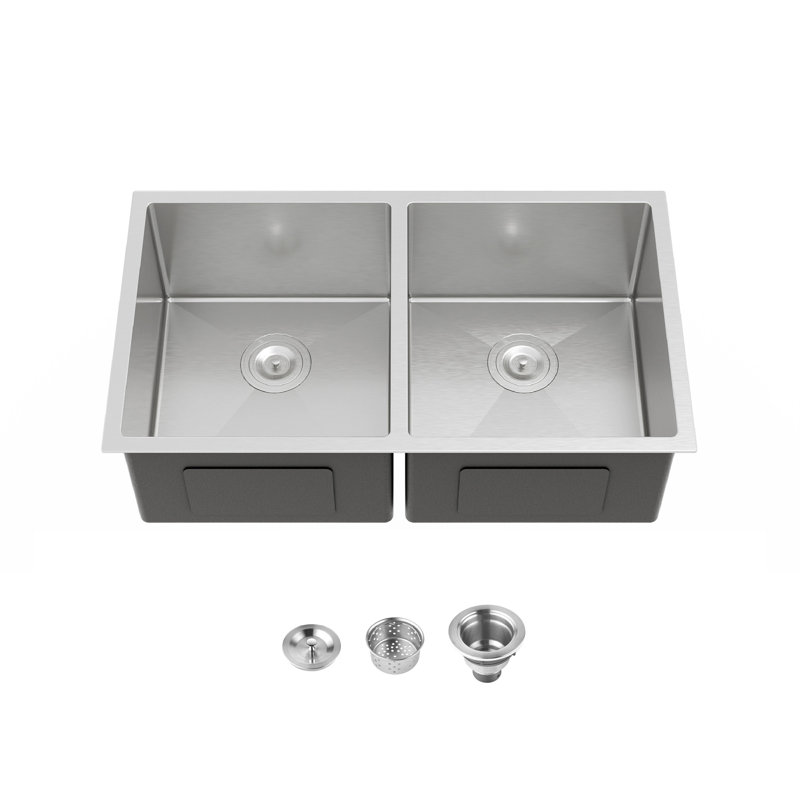 Évier de cuisine encastré 33 po x 19 po à double cuve, lavabo encastré à la main brossé (évier seulement)