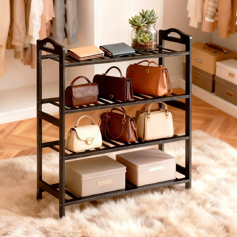 4-Tier Portable Bamboo Shoe Rack 12 Slats Black 26.8 Inch, Black