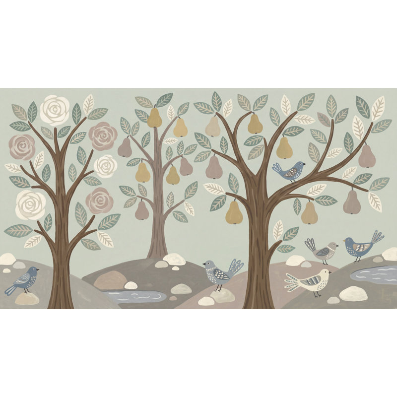 Papier peint boisé fantaisiste avec arbres stylisés et peint à la main, Texturé non collé, 140 po x 108 po
