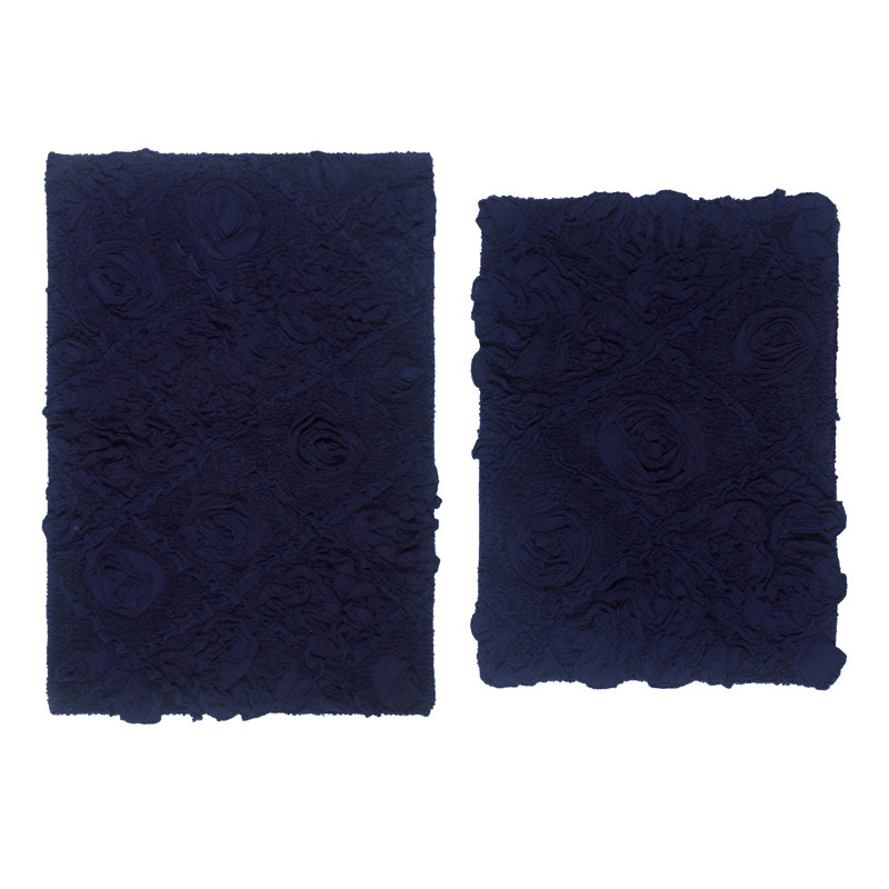 Schoenberger 2-Piece 100% Cotton Bath Rug with Spray Latex Non-Slip Backing Set , Navy