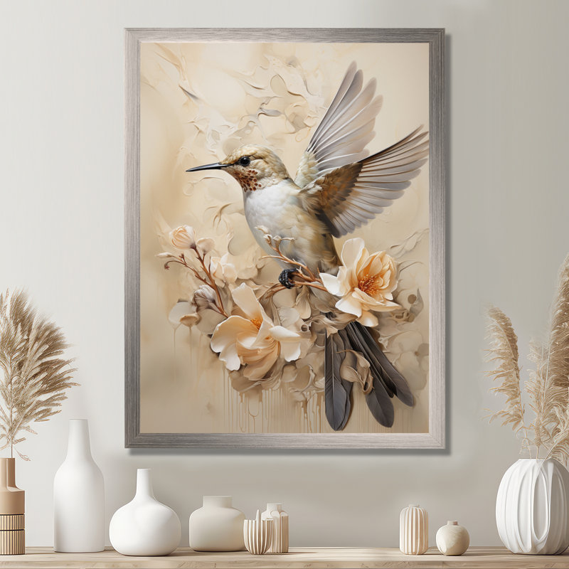 Colibri floral flottant I - Art mural colibri pour le salon, H 20 po x l 12 po x P 1 po, Cadre simple argenté