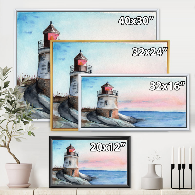 Un phare sur un rivage en début de matinée - peinture sur toile, H 16 po x l 32 po x p 1 po, Toile blanche encadrée