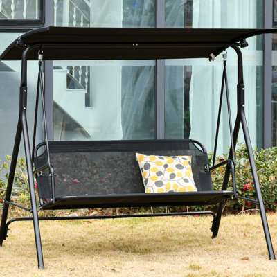 Balancelle d'extérieur avec auvent - siège pour 2 personnes, matériau respirant, noir, pour le jardin, au bord de la piscine, toit à deux balcons inclinables, filet, acier, noir