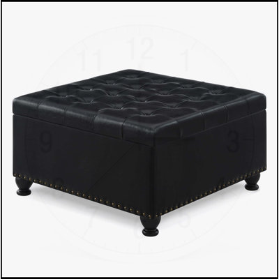 Grand repose-pieds de rangement carré avec pieds en bois, table basse capitonnée avec garniture cloutée pour l'espace de vie, noir