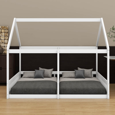 Wood Twin Size Double House Shaped Platform Beds, Side By Side 2 Shared Beds by Harper Orchard