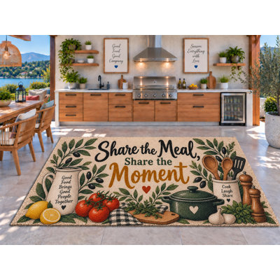 Tapis d'extérieur 152 x 213 cm « Partagez le repas, partagez l'instant », motif pot de tomates et d'herbes aromatiques, style ferme, épais, imperméable, en PVC bouclé, séchage rapide, idéal pour l'intérieur et l'extérieur (cuisine, porche, terrasse, entrée).
