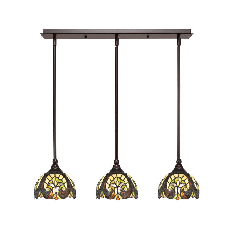 Luminaire suspendu linéaire sur pied 3 lumières avec verre d'art cyprès de 7 po, Granit foncé, Ivoire ivoire