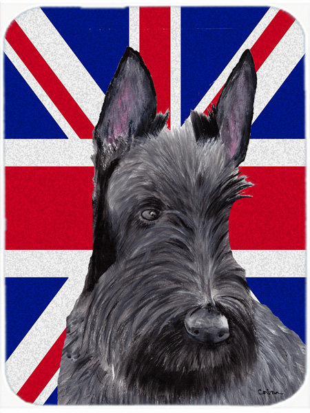 Caroline écossais terrier avec planche à découper en verre à drapeau anglais britannique Union Jack