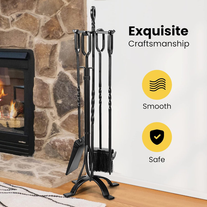 Modern Black Wrought Iron 5-Piece Fireplace Tool Set