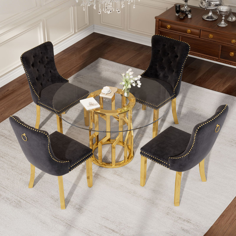 47.2" Round Glass Dining Table Set for 4, Kitchen&Dining Table Set with 4 Velvet Chairs, Modern Gold Stainless Steel Base Table Set