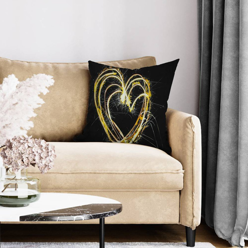 Fireworks heart - 20"x20" Throw pillow - Poly twill - Print on demand, Black/Gold